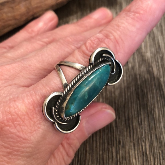 Vintage Marquise Shaped Turquoise Sterling Silver Ring Approx Size 9 - Picture 14 of 17